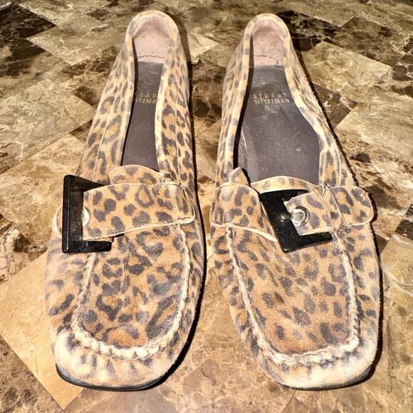 Stuart Weitzman Buckleberry Brown Black Cheetah Print Suede Loafers - Picture 1 of 10